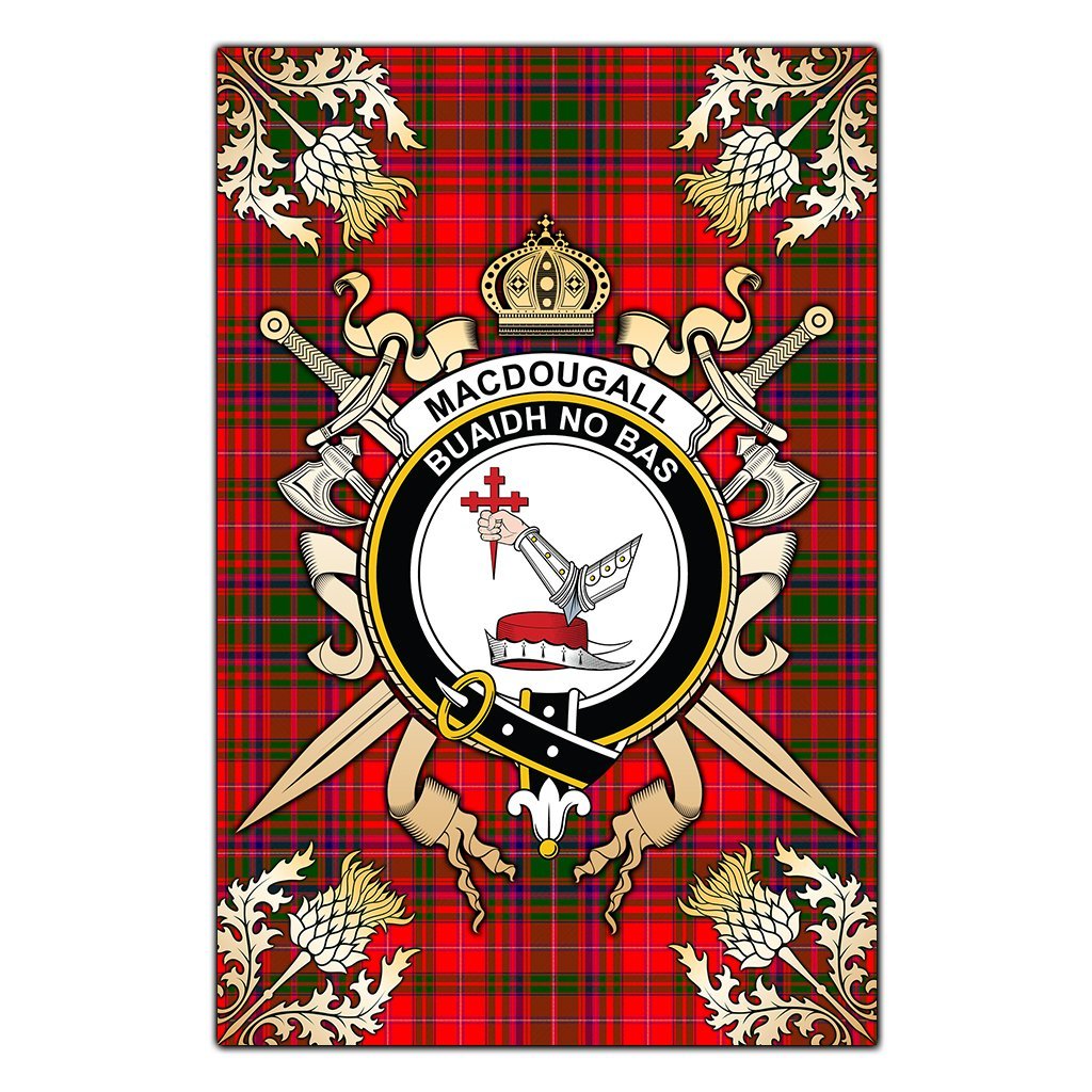 MacDougall Modern Tartan Crest Black Garden Flag - Gold Thistle Style