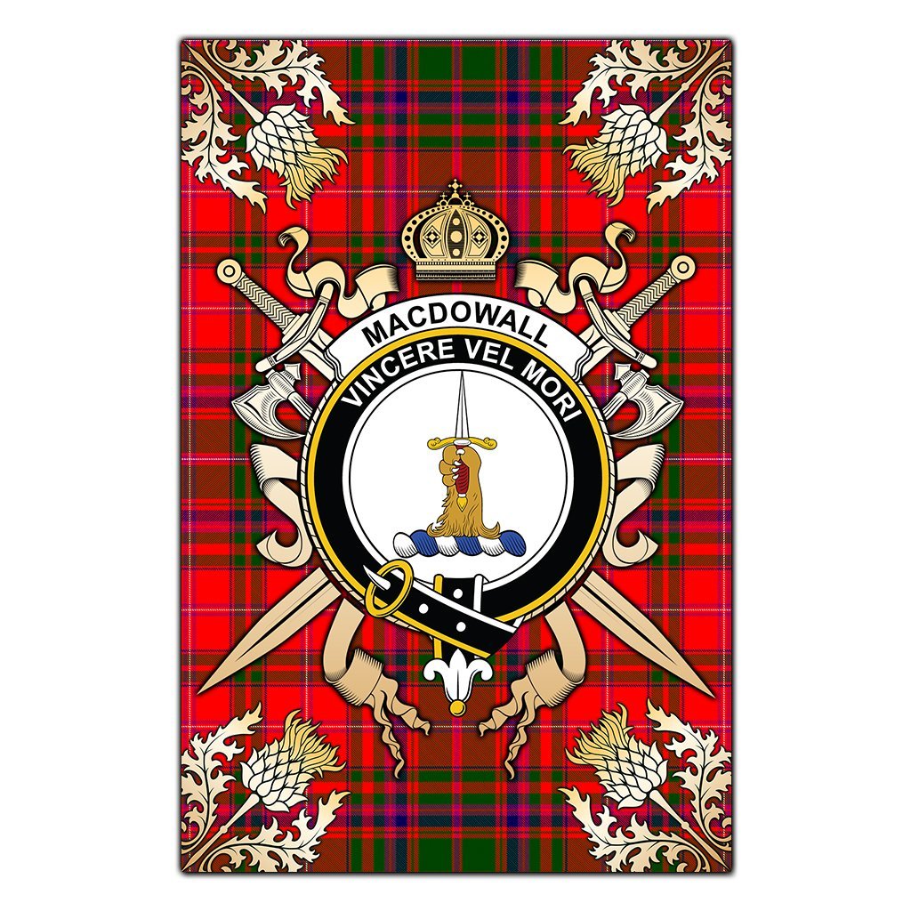 MacDowall Tartan Crest Black Garden Flag - Gold Thistle Style