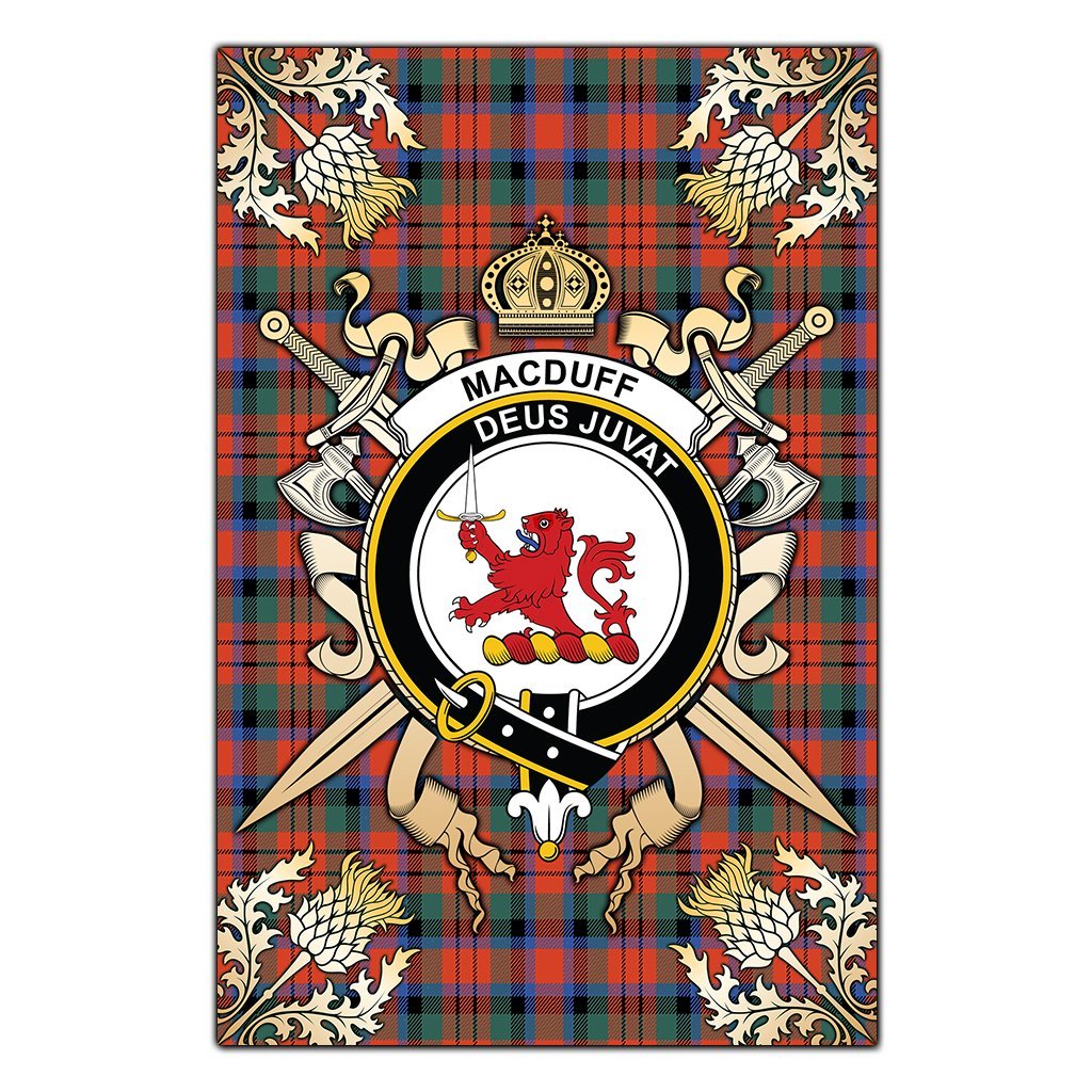 MacDuff Ancient Tartan Crest Black Garden Flag - Gold Thistle Style