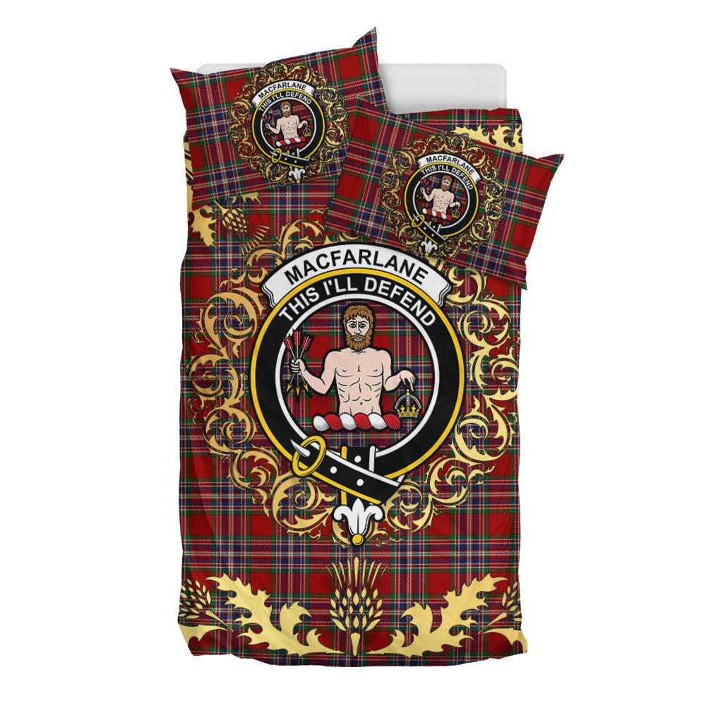 MacFarlane Red Tartan Crest Bedding Set - Golden Thistle Style