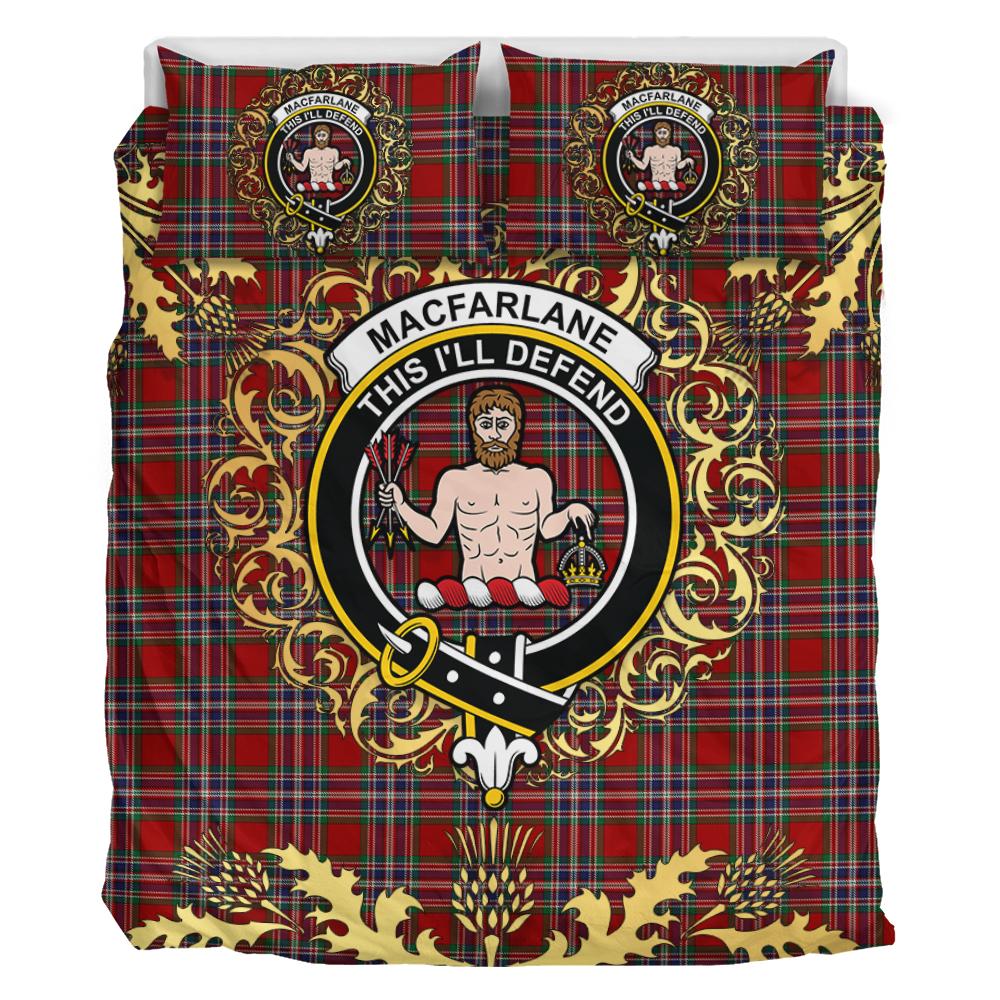 MacFarlane Red Tartan Crest Bedding Set - Golden Thistle Style