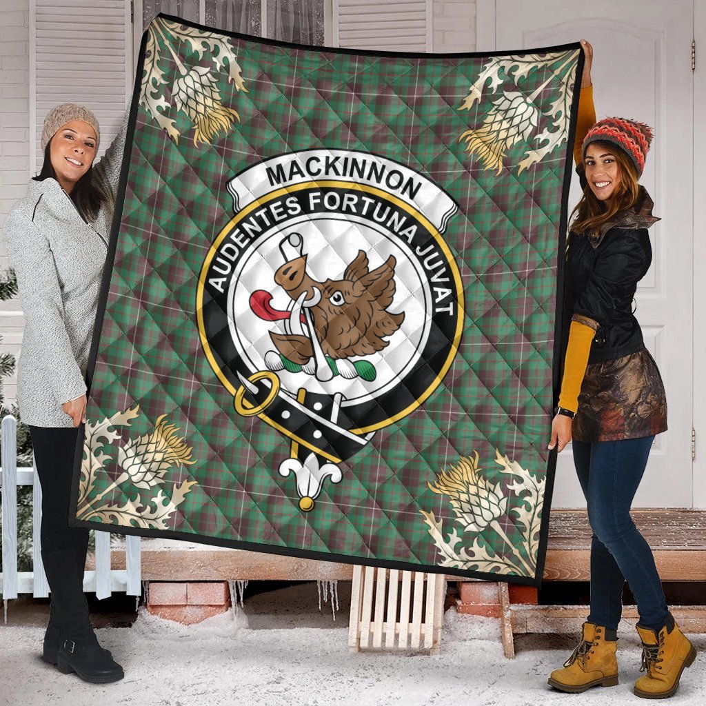 MacKinnon Hunting Ancient Tartan Crest Premium Quilt - Gold Thistle Style