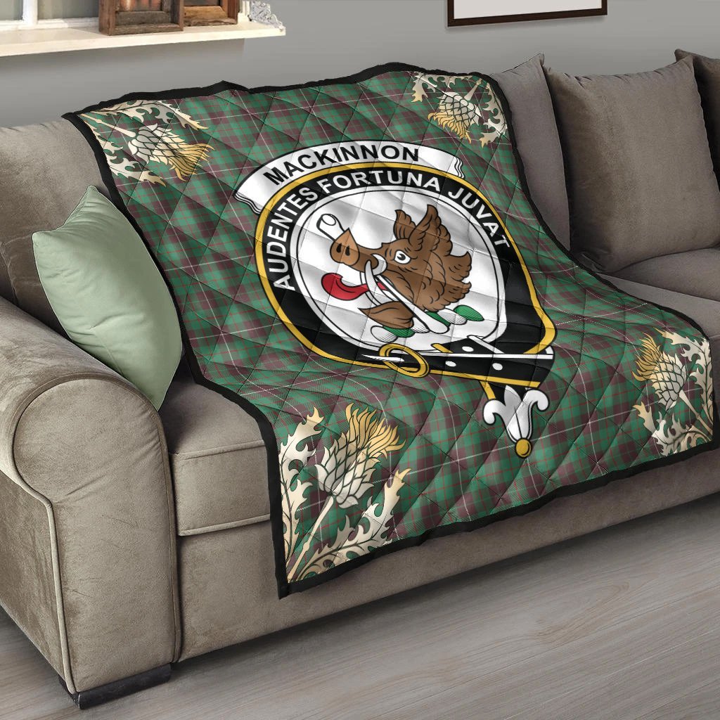 MacKinnon Hunting Ancient Tartan Crest Premium Quilt - Gold Thistle Style
