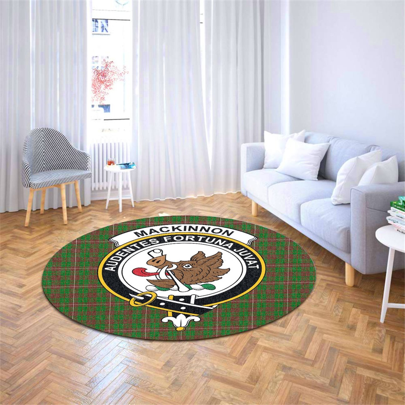 MacKinnon Hunting Modern Tartan Crest Round Rug