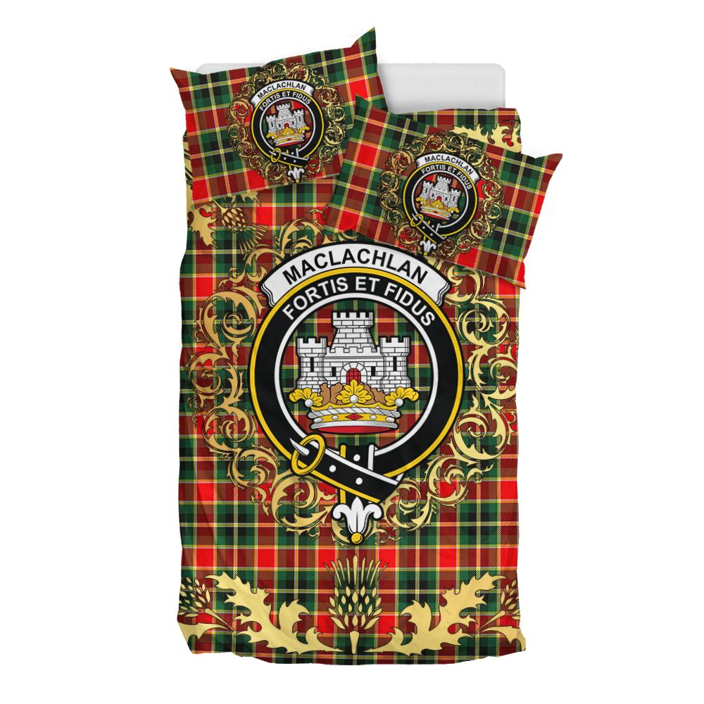 MacLachlan Hunting Modern Tartan Crest Bedding Set - Golden Thistle Style