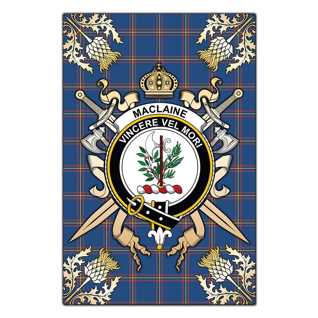 MacLaine of Loch Buie Hunting Ancient Tartan Crest Black Garden Flag - Gold Thistle Style