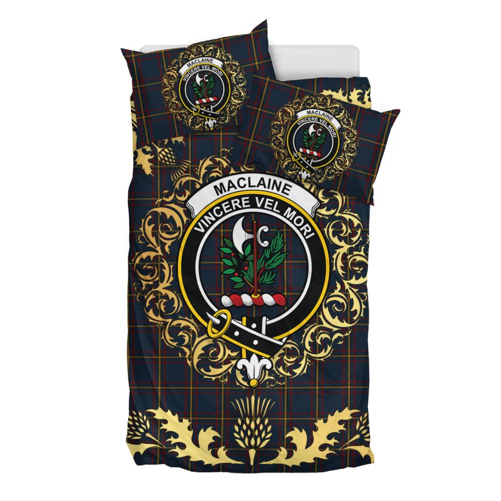 MacLaine of Lochbuie Hunting Tartan Crest Bedding Set - Golden Thistle Style