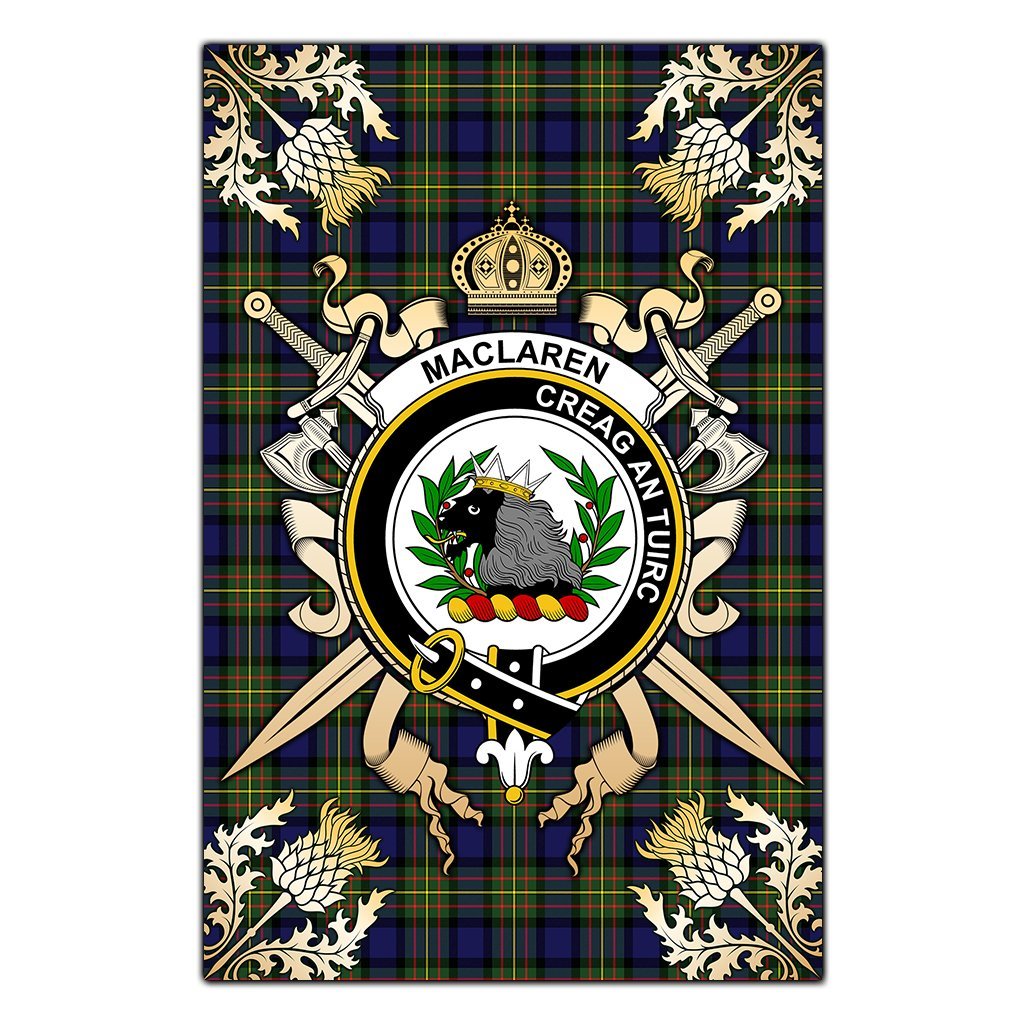MacLaren Modern Tartan Crest Black Garden Flag - Gold Thistle Style