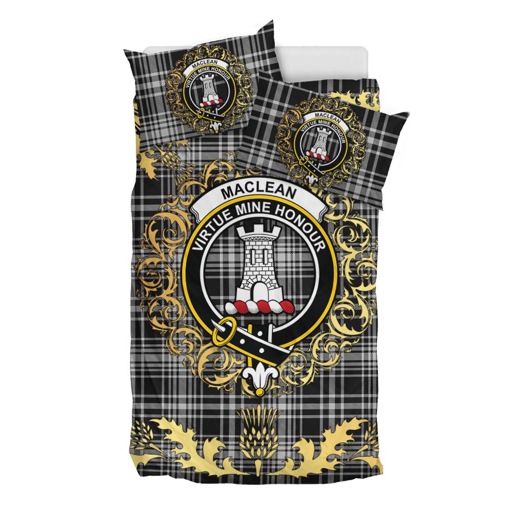 MacLean Black and White Tartan Crest Bedding Set - Golden Thistle Style