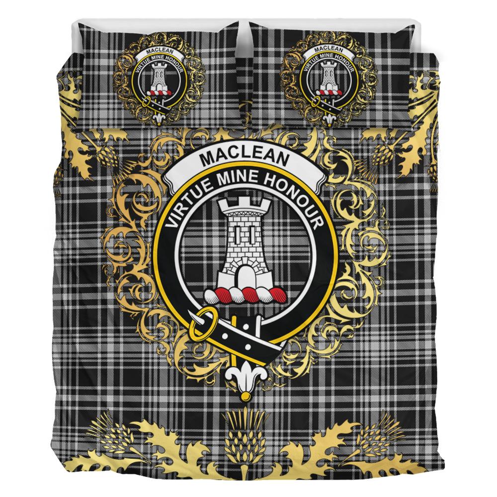 MacLean Black and White Tartan Crest Bedding Set - Golden Thistle Style