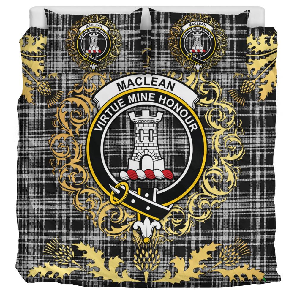 MacLean Black and White Tartan Crest Bedding Set - Golden Thistle Style