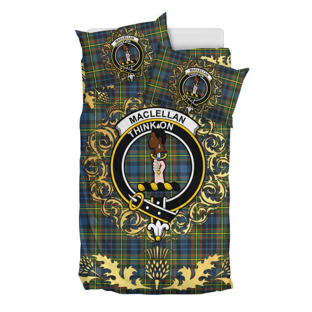 MacLellan Ancient Tartan Crest Bedding Set - Golden Thistle Style