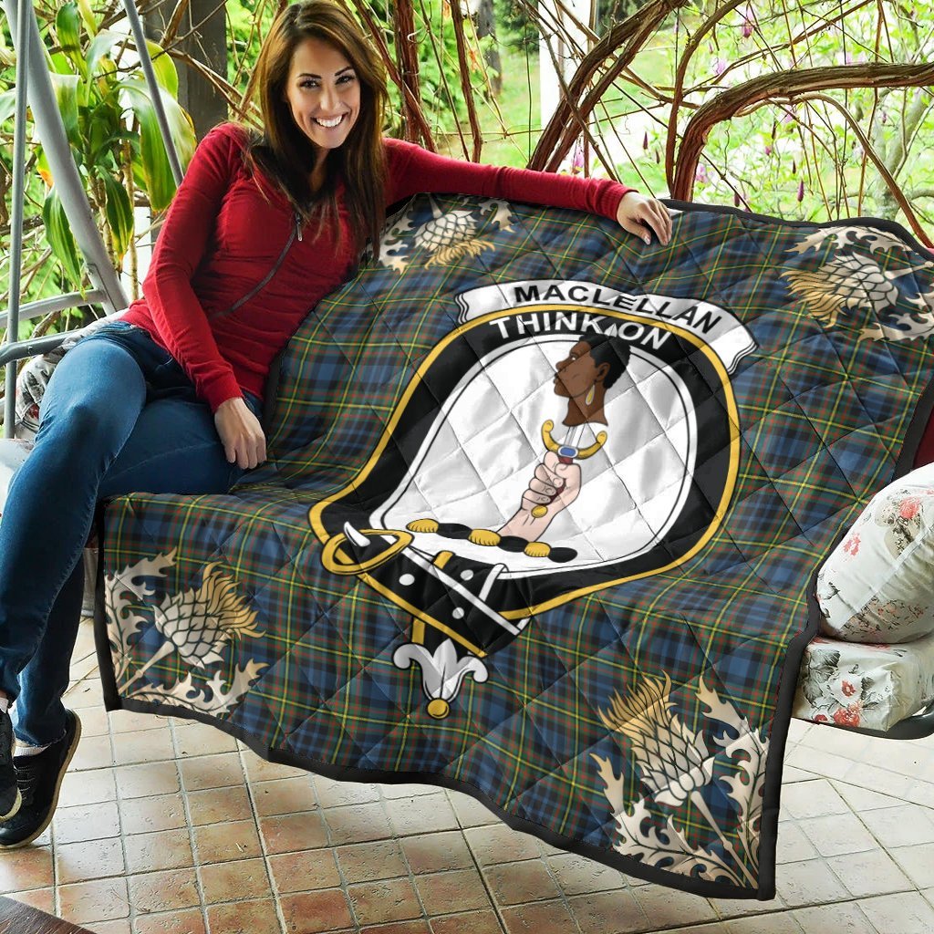 MacLellan Ancient Tartan Crest Premium Quilt - Gold Thistle Style