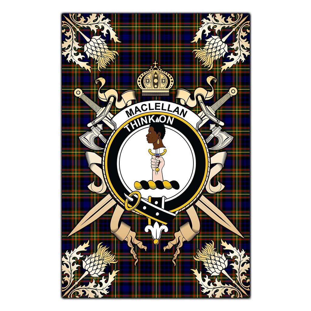 MacLellan Modern Tartan Crest Black Garden Flag - Gold Thistle Style