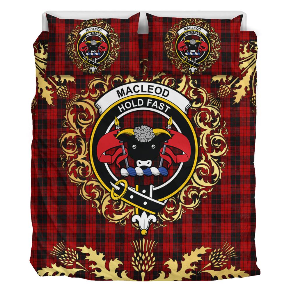 MacLeod Black and Red Tartan Crest Bedding Set - Golden Thistle Style