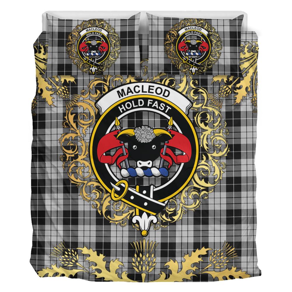 MacLeod Black and White Tartan Crest Bedding Set - Golden Thistle Style