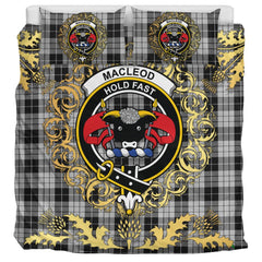 MacLeod Black and White Tartan Crest Bedding Set - Golden Thistle Style