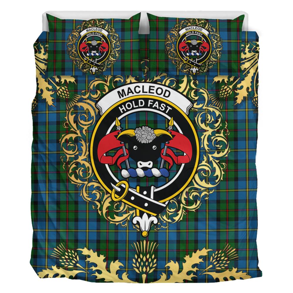 MacLeod Green Tartan Crest Bedding Set - Golden Thistle Style