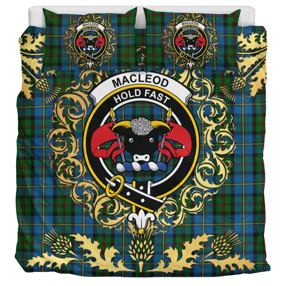 MacLeod Green Tartan Crest Bedding Set - Golden Thistle Style