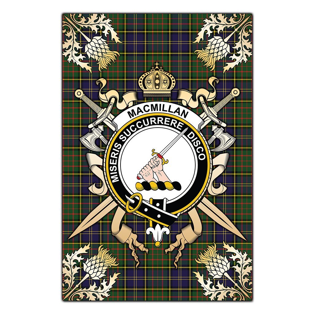MacMillan Hunting Modern Tartan Crest Black Garden Flag - Gold Thistle Style