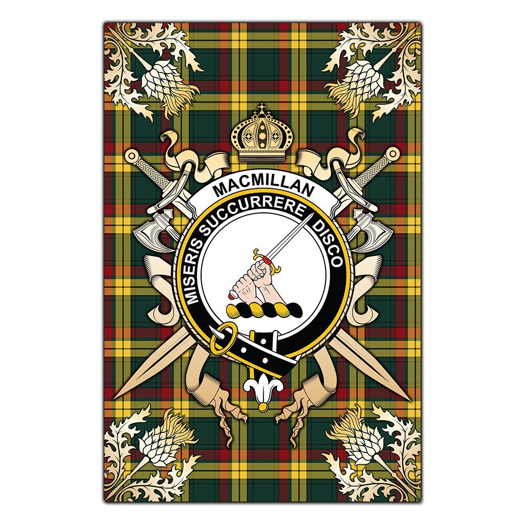MacMillan Old Modern Tartan Crest Black Garden Flag - Gold Thistle Style