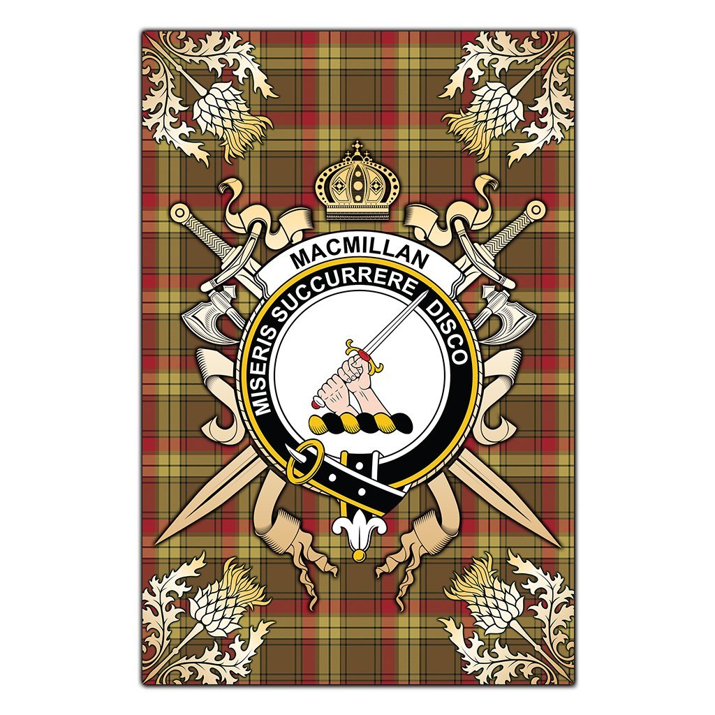 MacMillan Old Weathered Tartan Crest Black Garden Flag - Gold Thistle Style