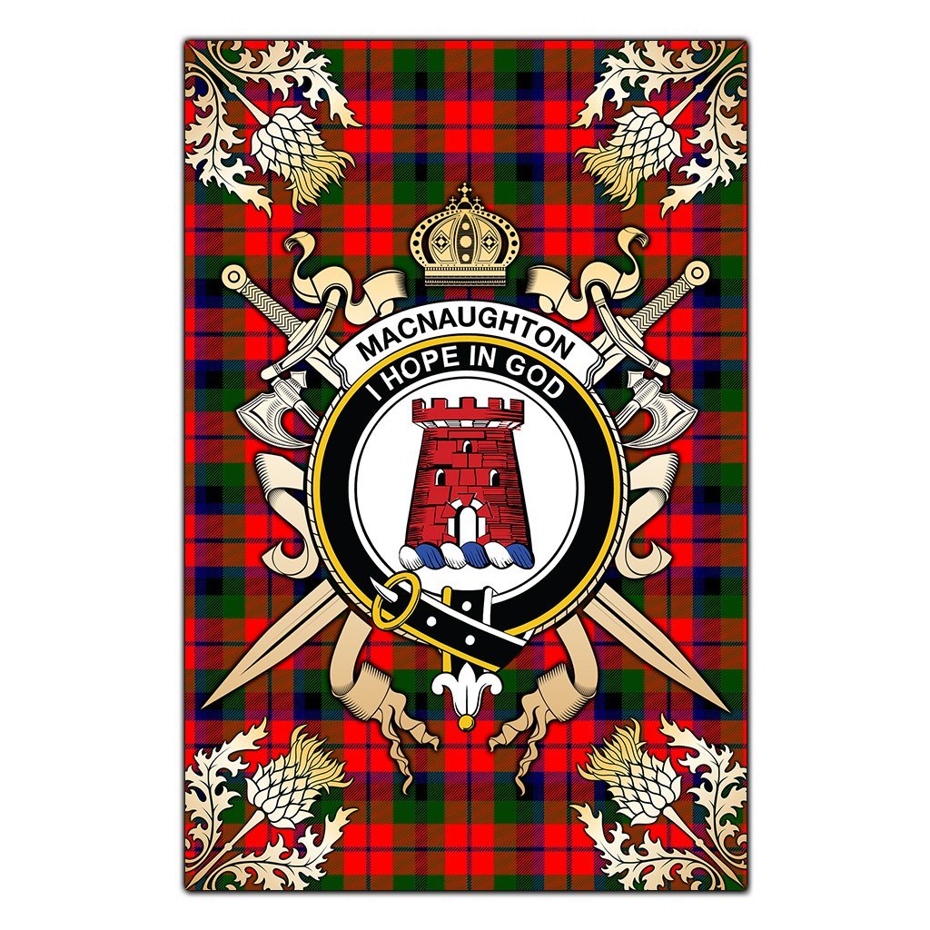 MacNaughton Modern Tartan Crest Black Garden Flag - Gold Thistle Style