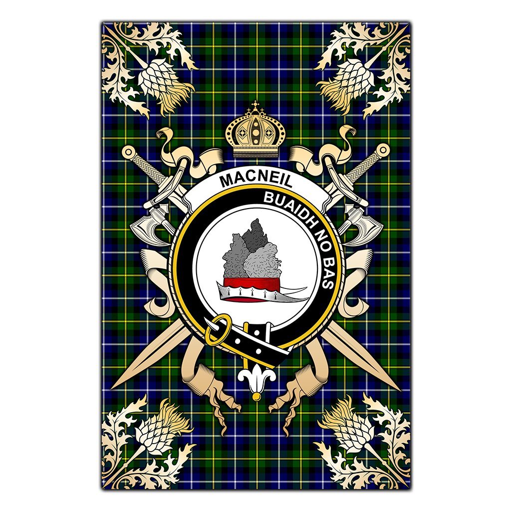 MacNeil of Barra Modern Tartan Crest Black Garden Flag - Gold Thistle Style
