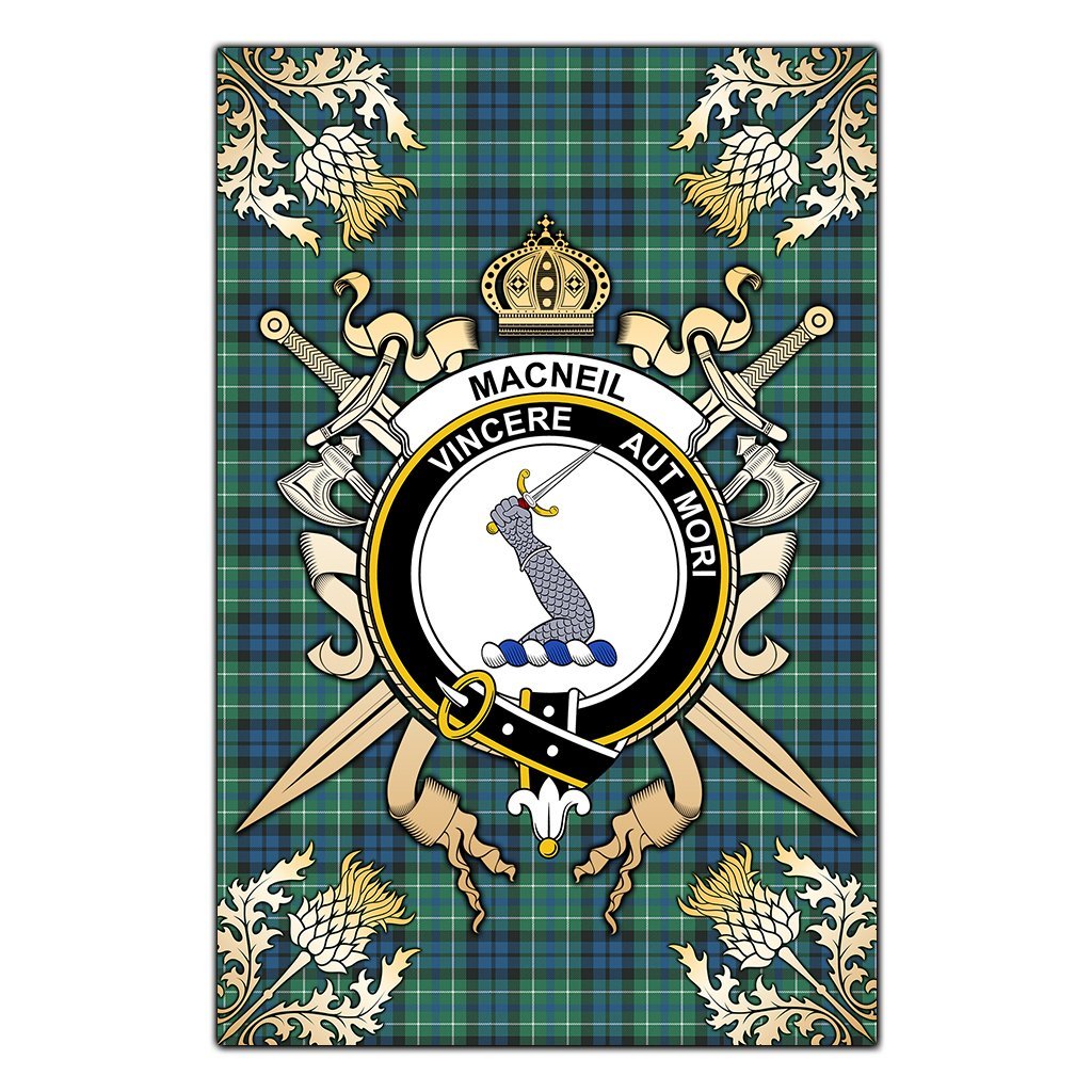 MacNeil of Colonsay Ancient Tartan Crest Black Garden Flag - Gold Thistle Style