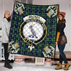 MacNeil of Colonsay Modern Tartan Crest Premium Quilt - Gold Thistle Style