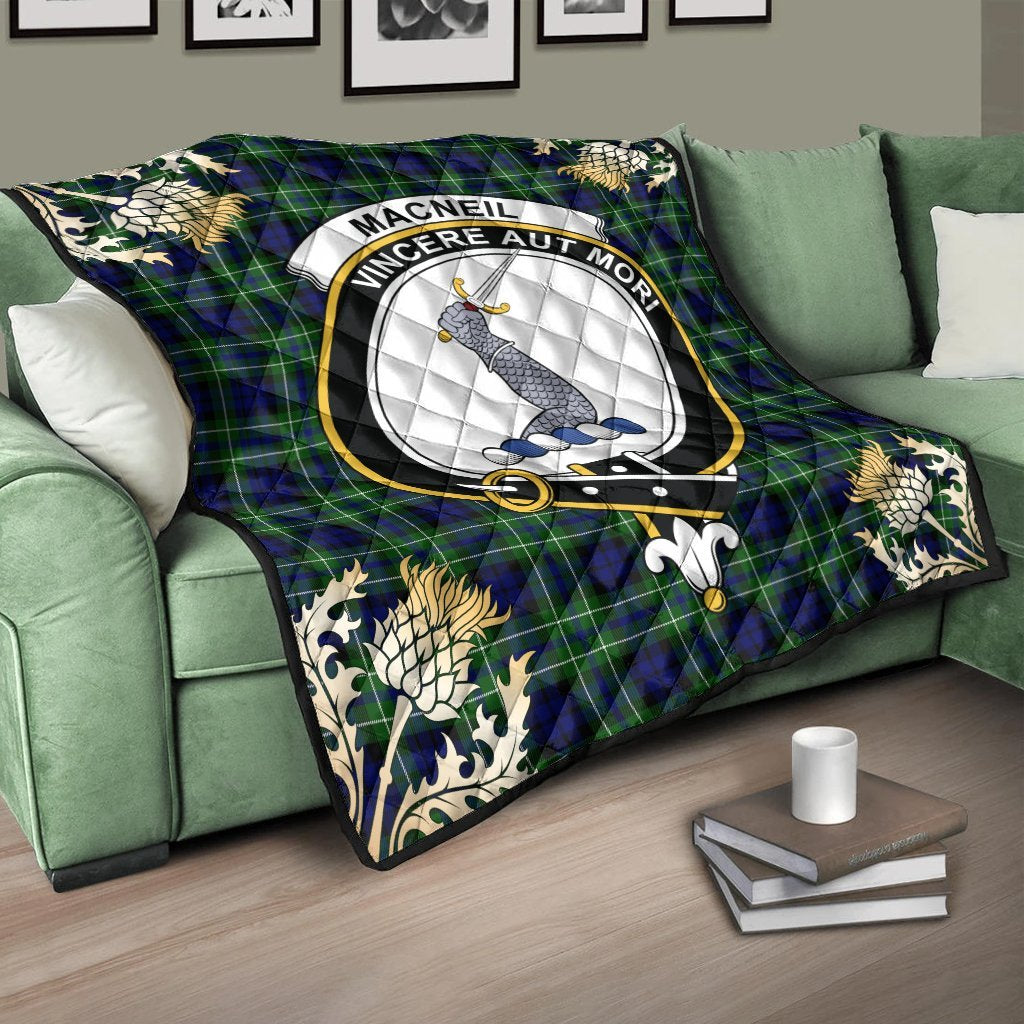 MacNeil of Colonsay Modern Tartan Crest Premium Quilt - Gold Thistle Style