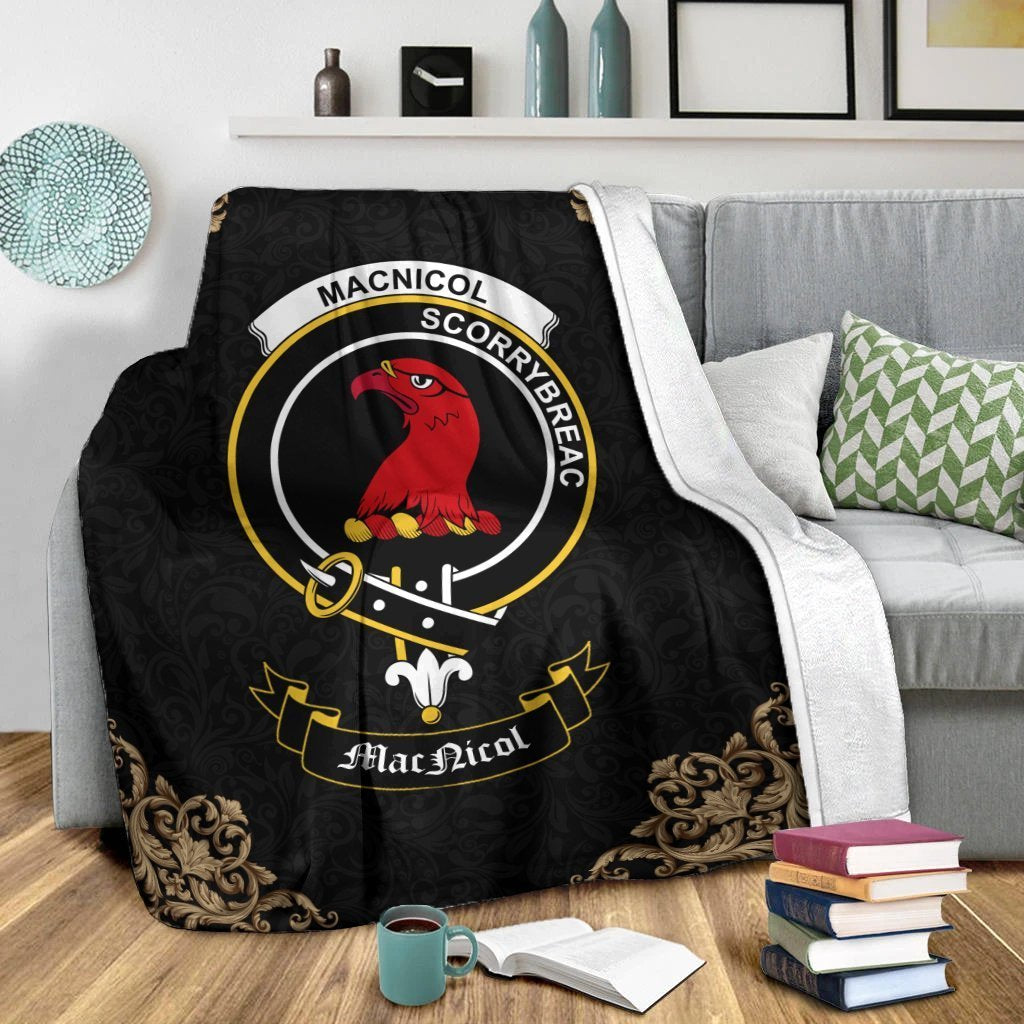 MacNicol (of Scorrybreac) Crest Tartan Premium Blanket Black