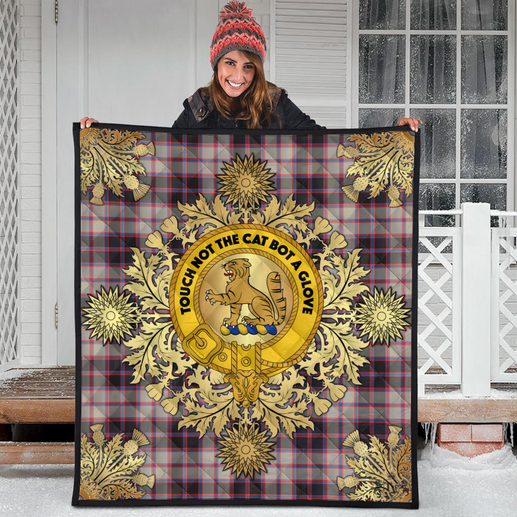 MacPherson Hunting Ancient Tartan Crest Premium Quilt - Gold Thistle Style