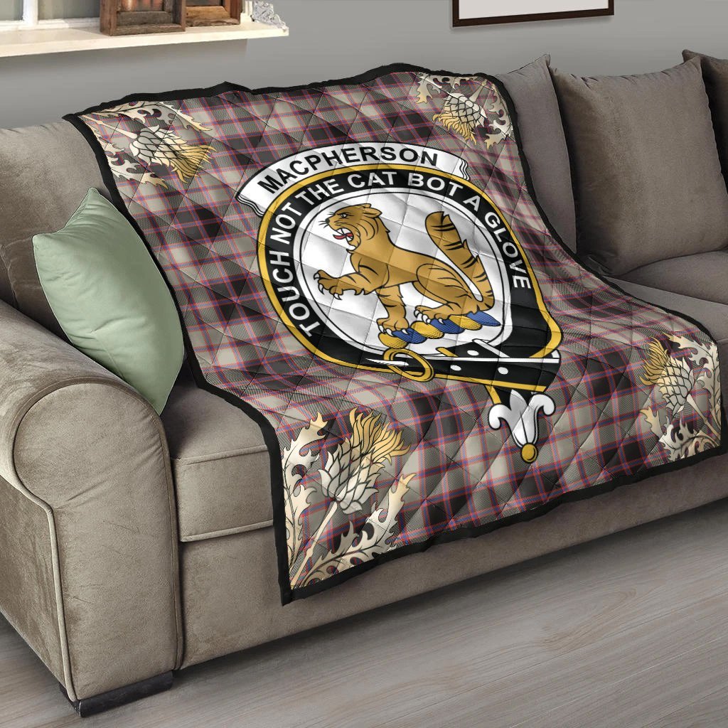 MacPherson Hunting Ancient Tartan Crest Premium Quilt - Gold Thistle Style