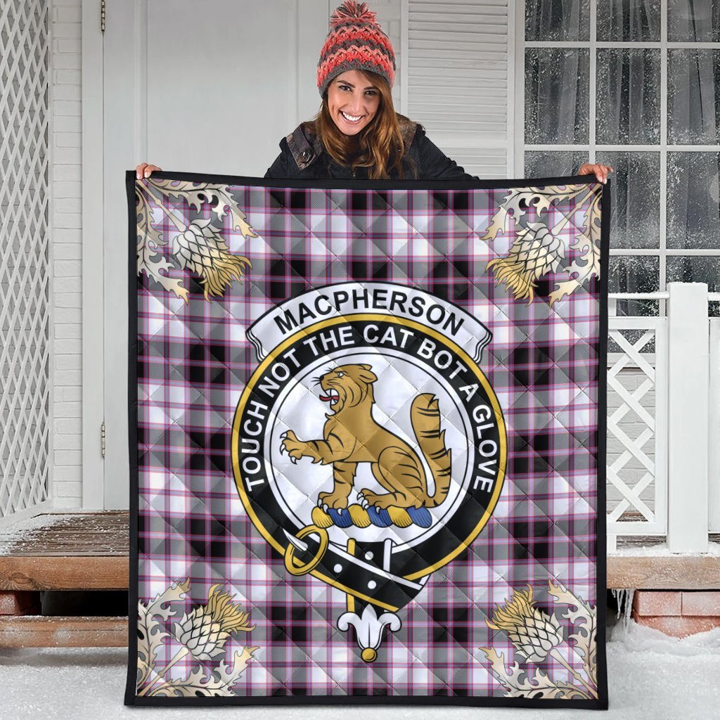 MacPherson Hunting Modern Tartan Crest Premium Quilt - Gold Thistle Style