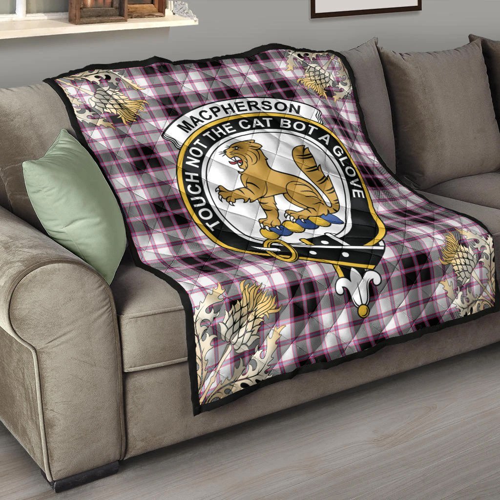 MacPherson Hunting Modern Tartan Crest Premium Quilt - Gold Thistle Style