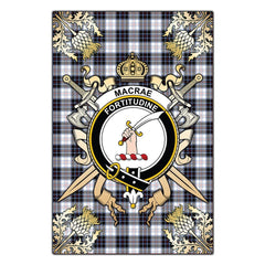 MacRae Dress Modern Tartan Crest Black Garden Flag - Gold Thistle Style