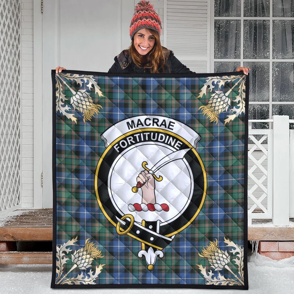 MacRae Hunting Ancient Tartan Crest Premium Quilt - Gold Thistle Style