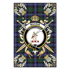 MacRae Hunting Modern Tartan Crest Black Garden Flag - Gold Thistle Style