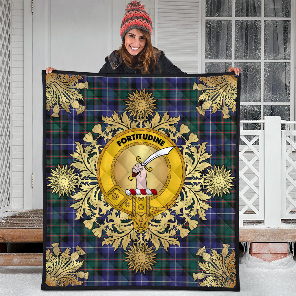 MacRae Hunting Modern Tartan Crest Premium Quilt - Gold Thistle Style