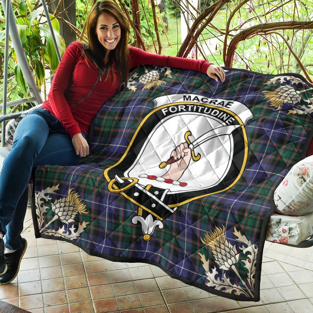 MacRae Hunting Modern Tartan Crest Premium Quilt - Gold Thistle Style