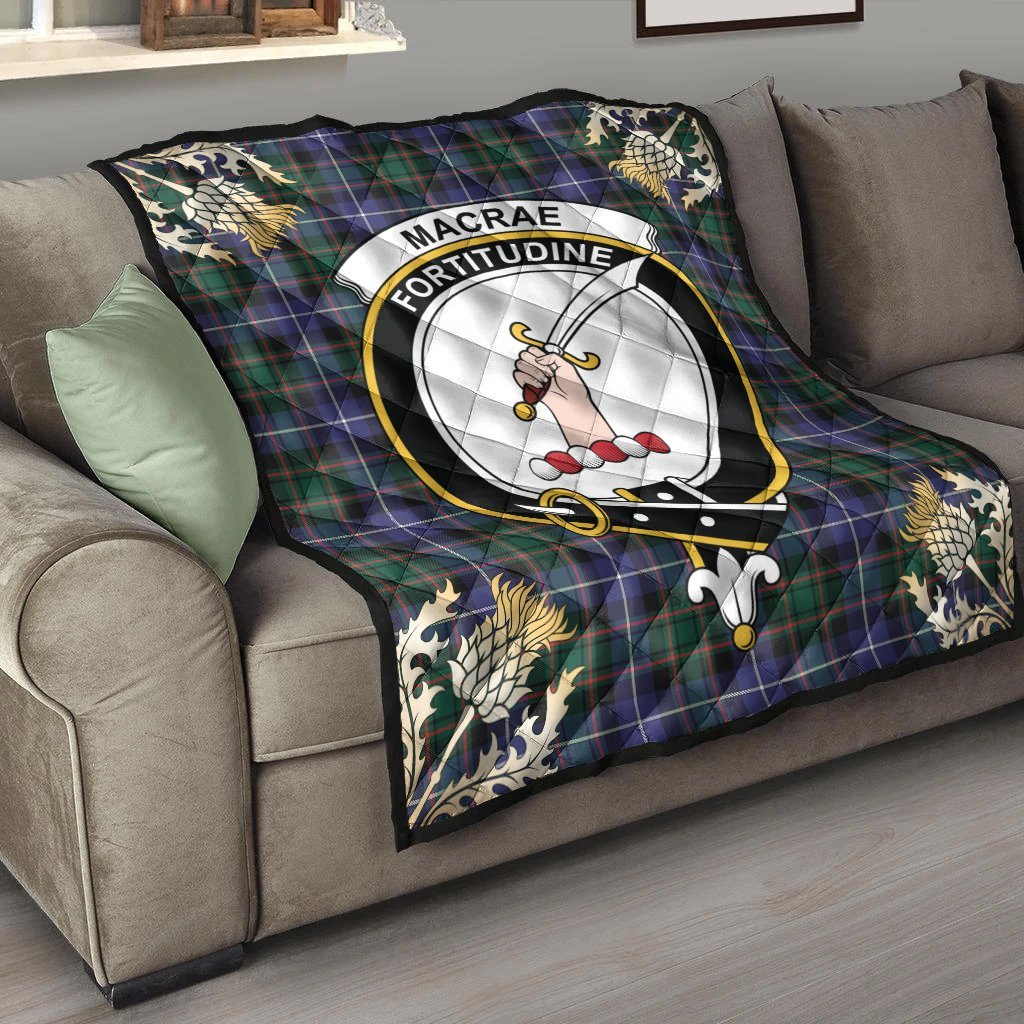 MacRae Hunting Modern Tartan Crest Premium Quilt - Gold Thistle Style