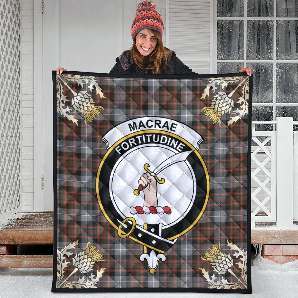 MacRae Hunting Weathered Tartan Crest Premium Quilt - Gold Thistle Style