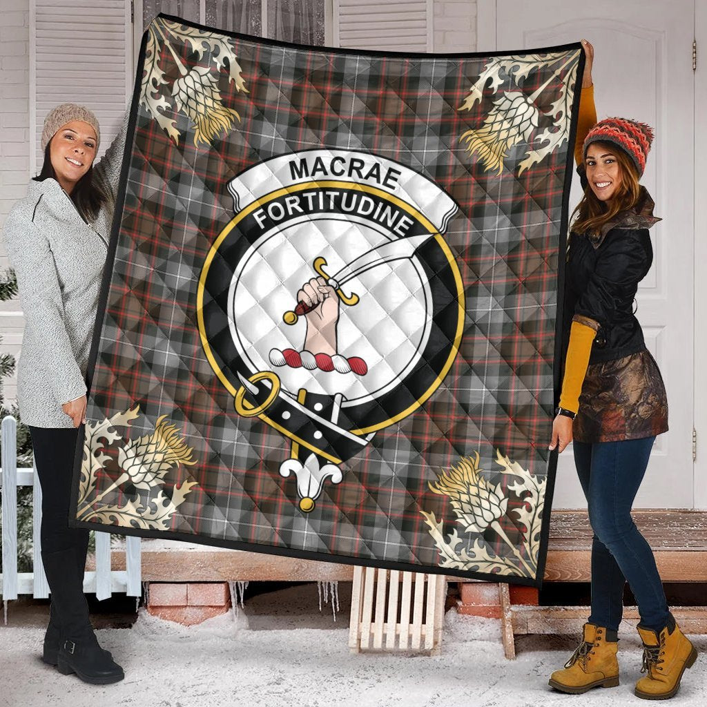 MacRae Hunting Weathered Tartan Crest Premium Quilt - Gold Thistle Style