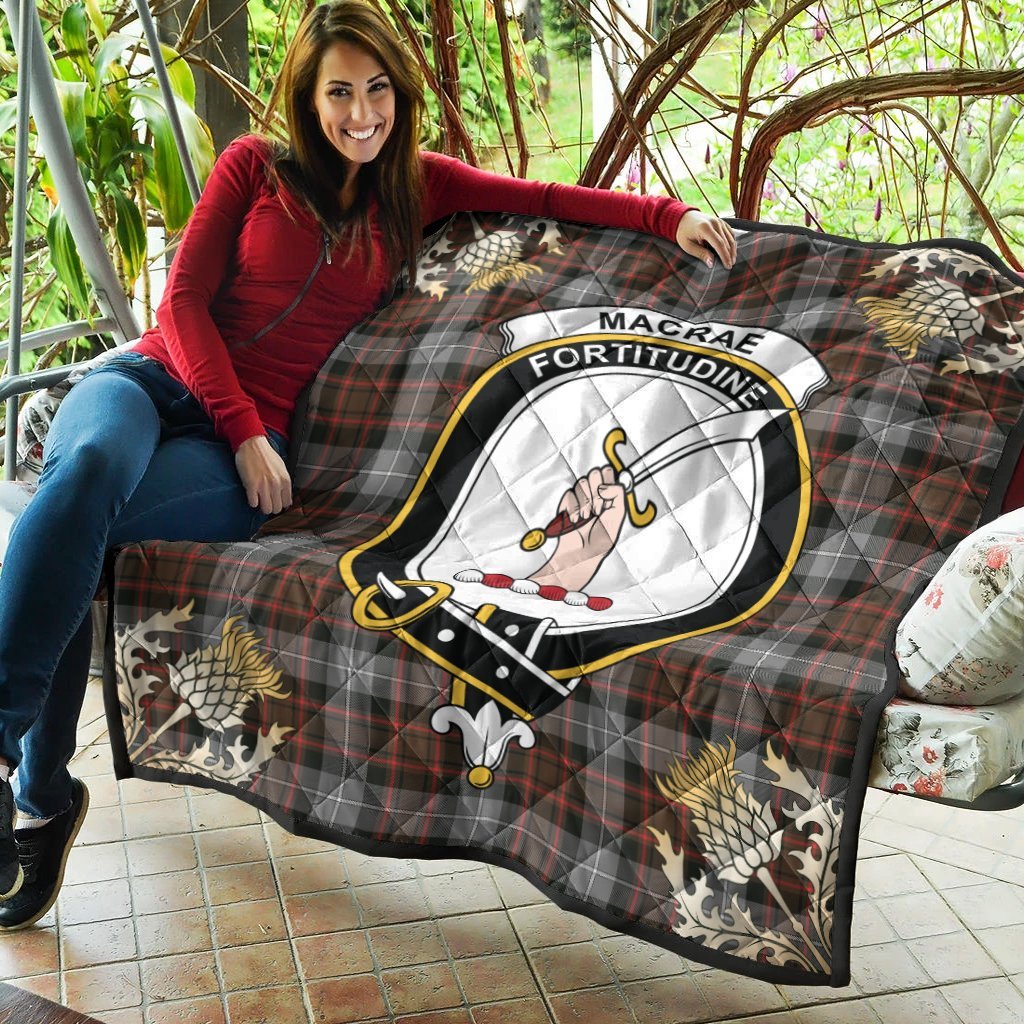MacRae Hunting Weathered Tartan Crest Premium Quilt - Gold Thistle Style