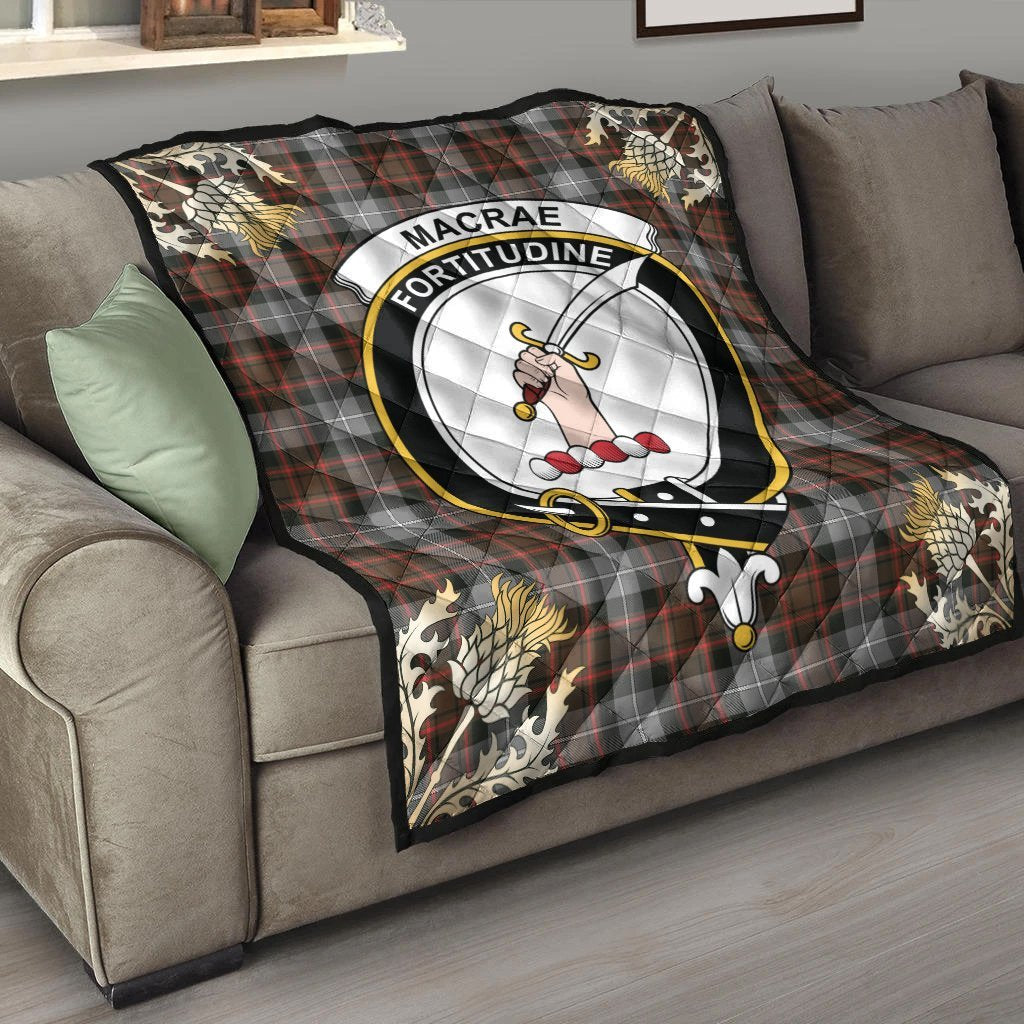 MacRae Hunting Weathered Tartan Crest Premium Quilt - Gold Thistle Style