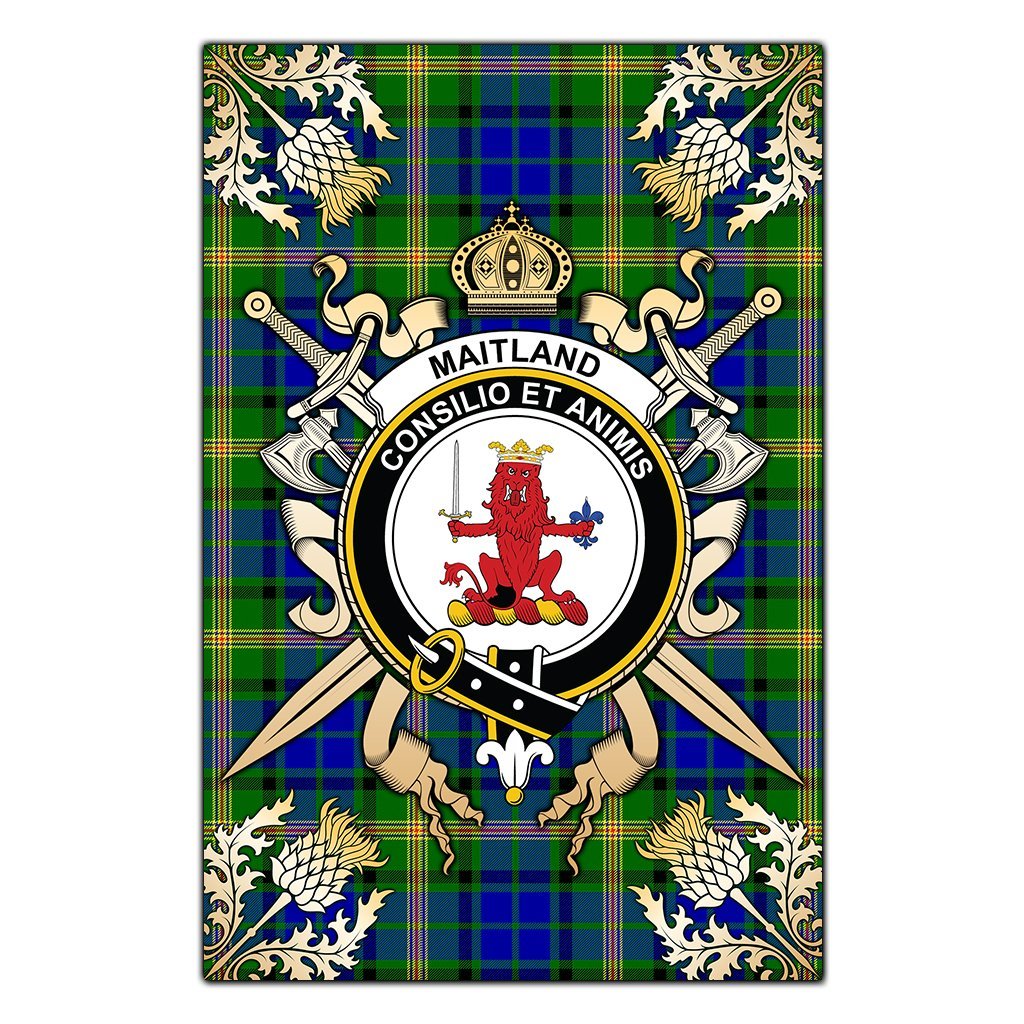 Maitland Tartan Crest Black Garden Flag - Gold Thistle Style