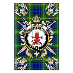 Maitland Tartan Crest Black Garden Flag - Gold Thistle Style