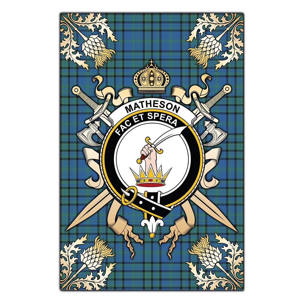 Matheson Hunting Ancient Tartan Crest Black Garden Flag - Gold Thistle Style