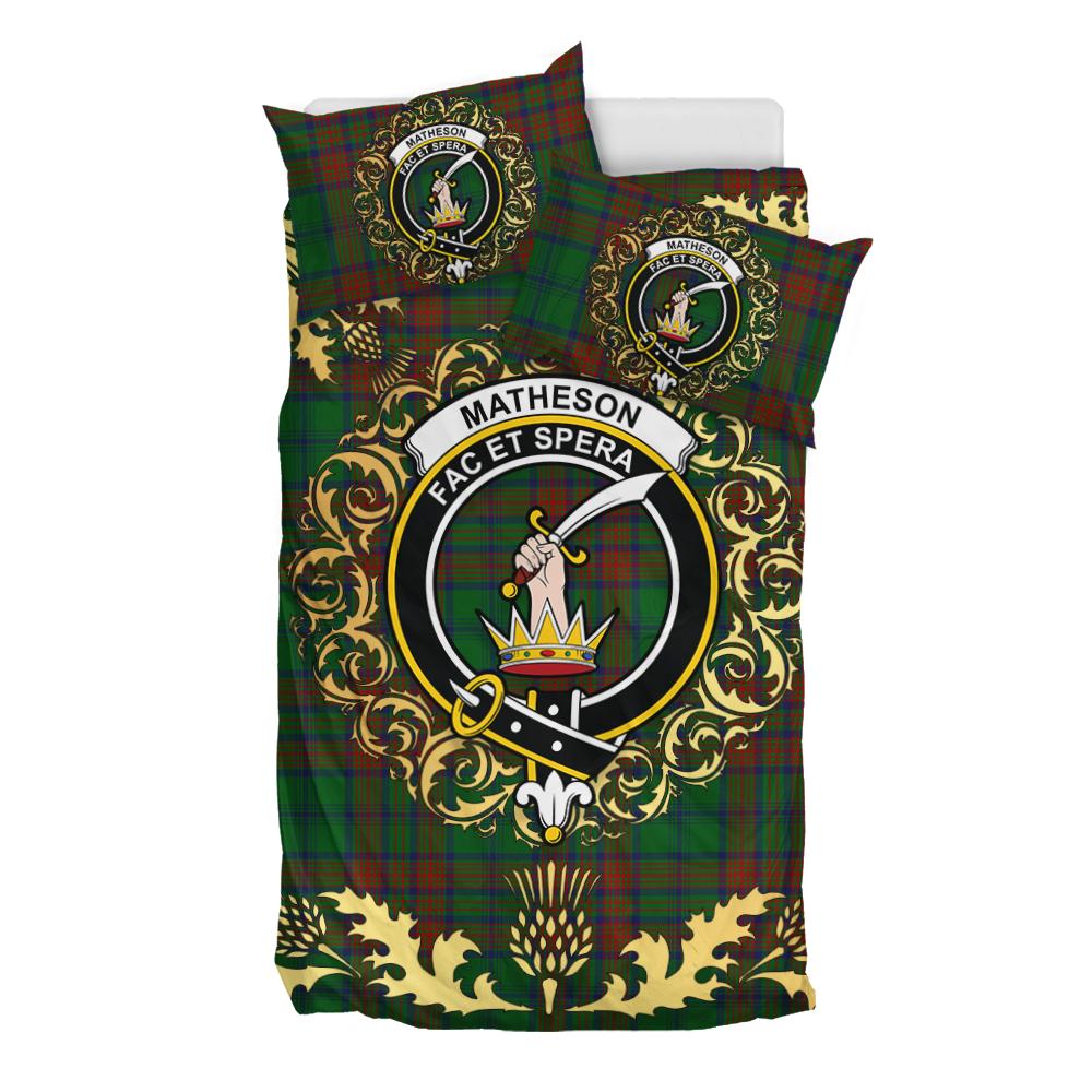 Matheson Hunting Highland Tartan Crest Bedding Set - Golden Thistle Style